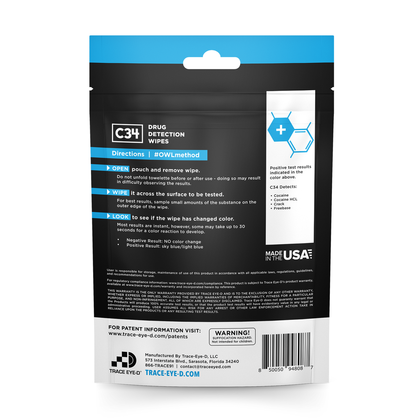 C34 Cocaine Detection Safety Wipes - 10ct Bag